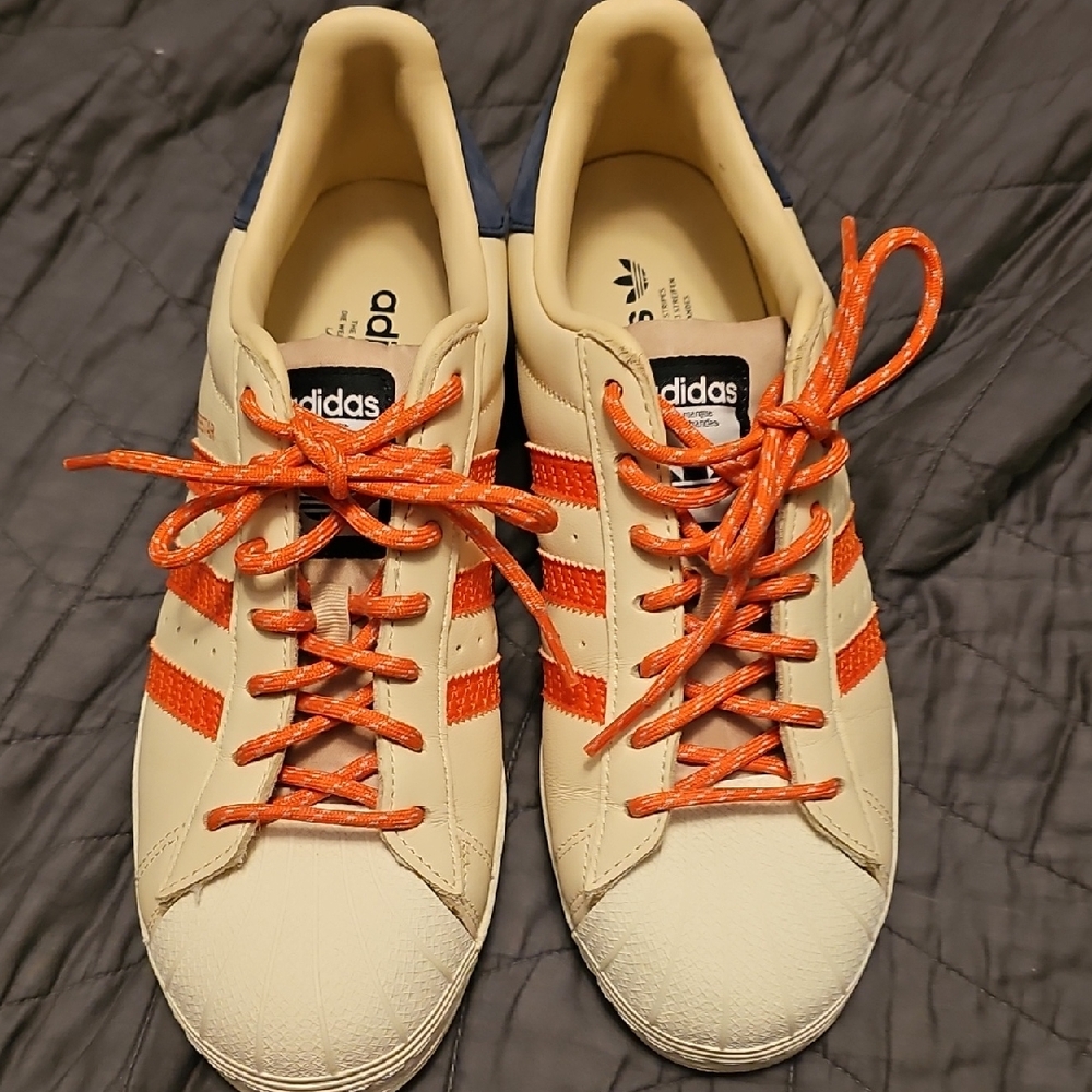 Mens Adidas Superstar Beige Sneakers with Bold Orange and Navy Accents